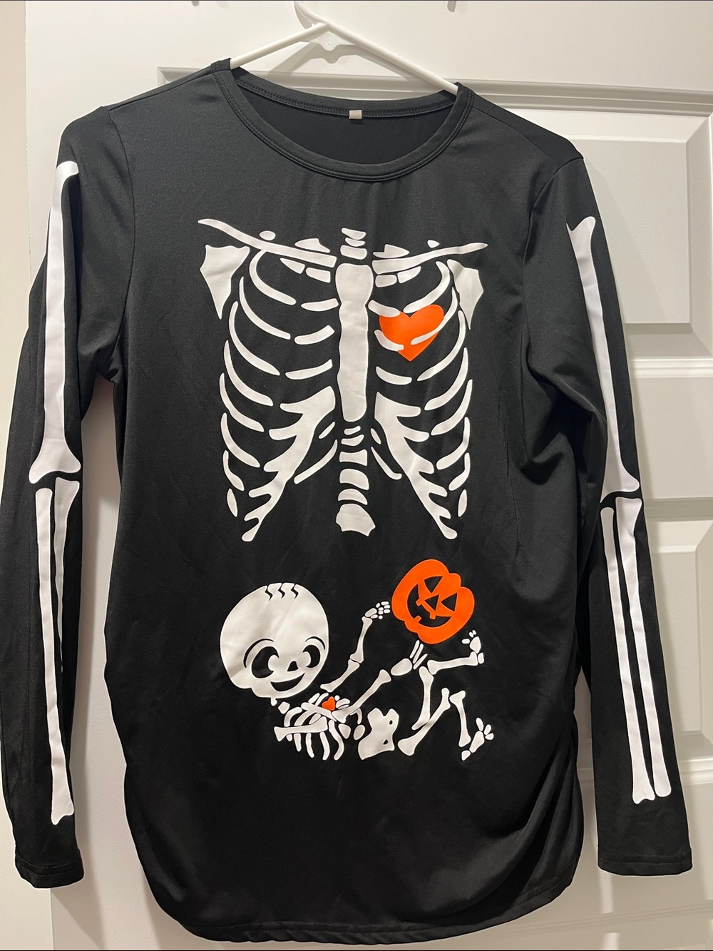 Black Halloween Skeleton Maternity Top with Orange Accents Long Sleeve